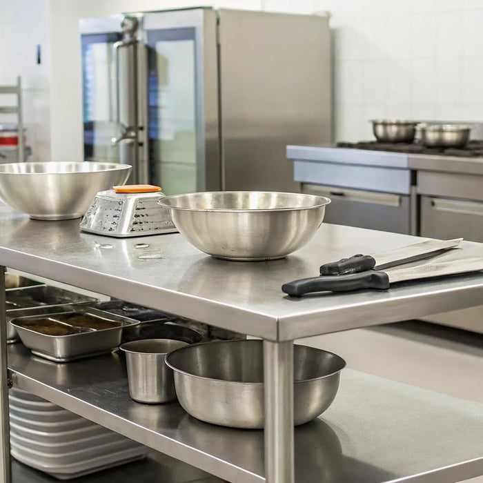 Stainless steel catering prep station with bowls, knives, and shelving.