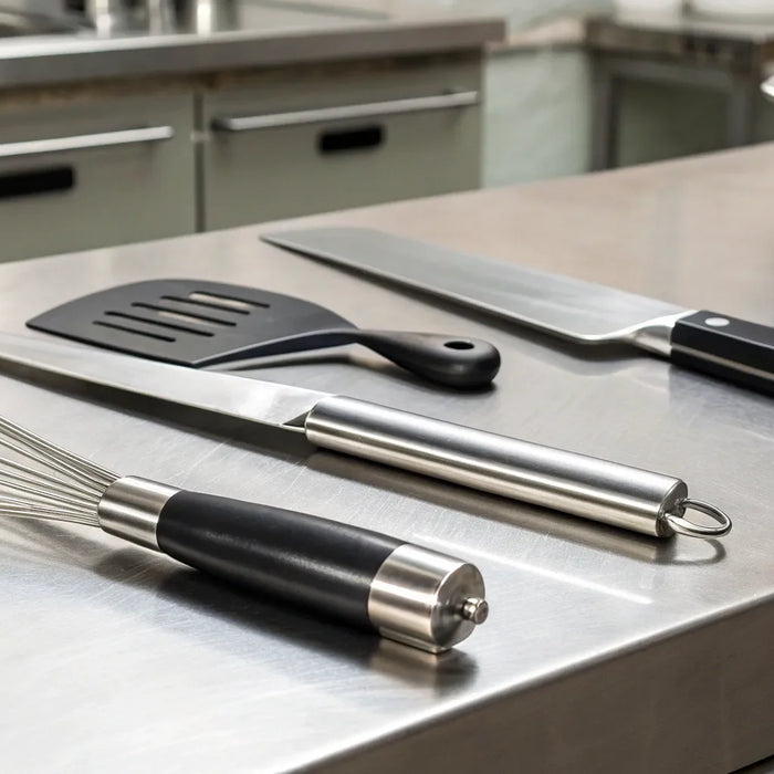 Commercial whisk, spatula, and chef's knife on stainless steel countertop.