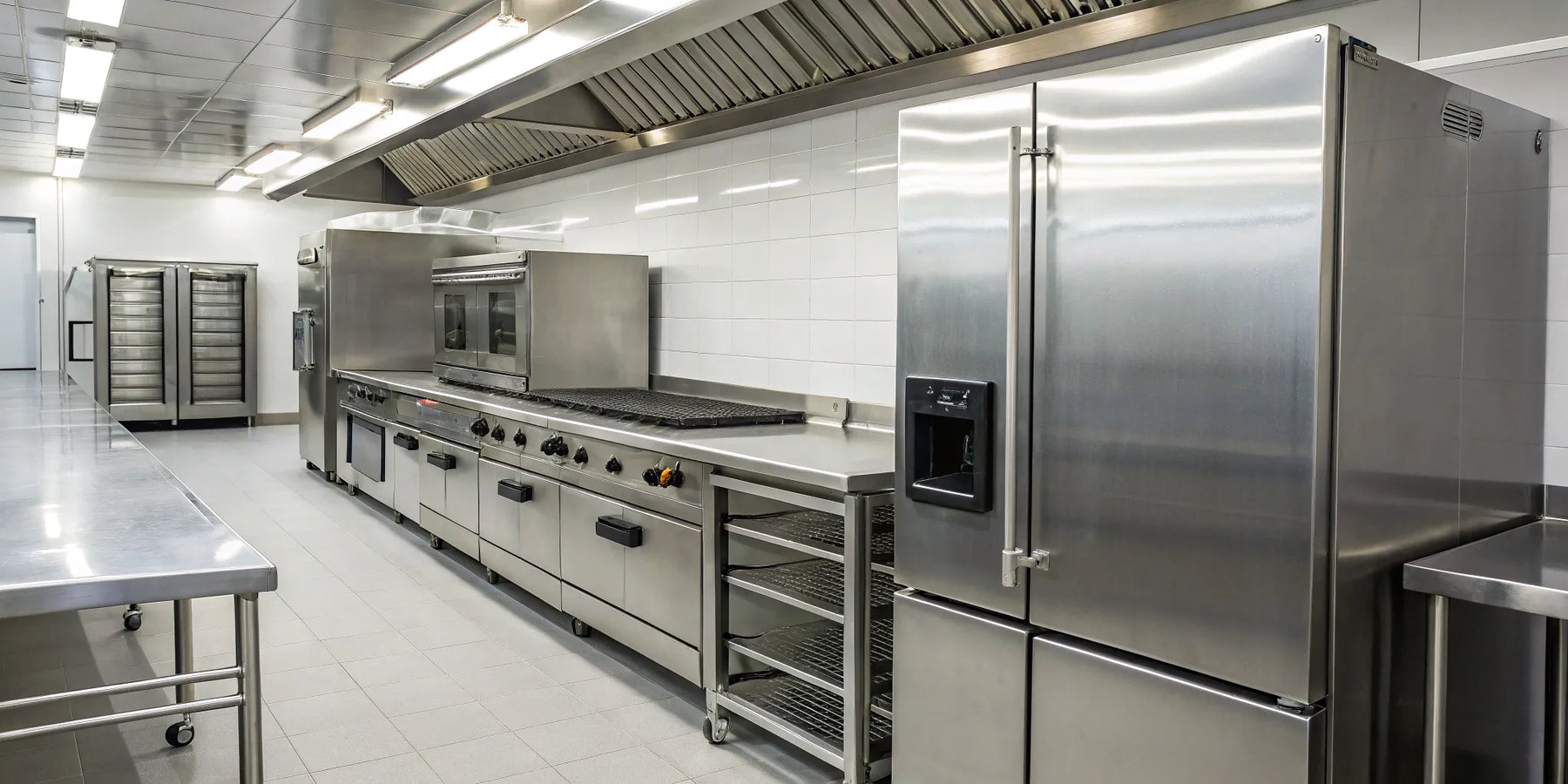 Commercial kitchen equipment: ovens, refrigerators, and prep tables.