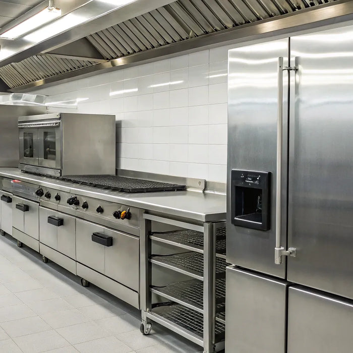 Commercial kitchen equipment: ovens, refrigerators, and prep tables.