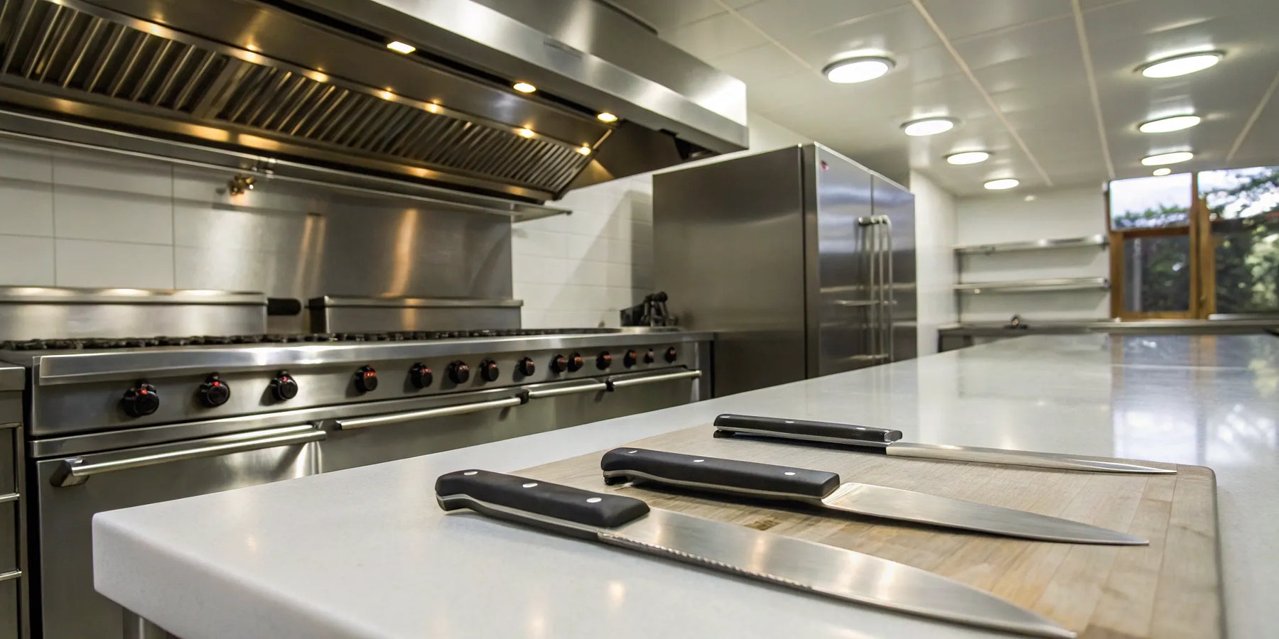 Stainless steel commercial kitchen equipment.