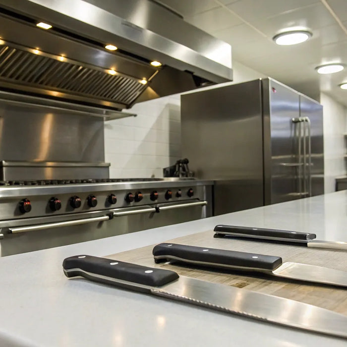 Stainless steel commercial kitchen equipment.