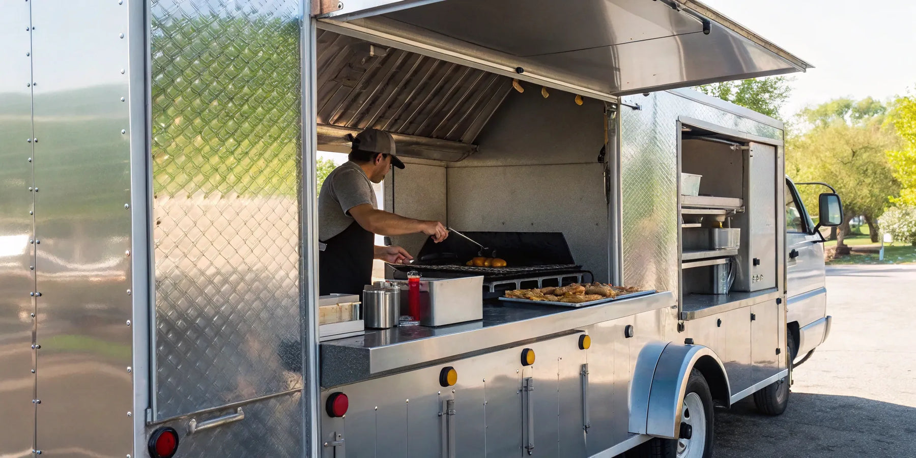 Essential food truck equipment in a mobile kitchen.