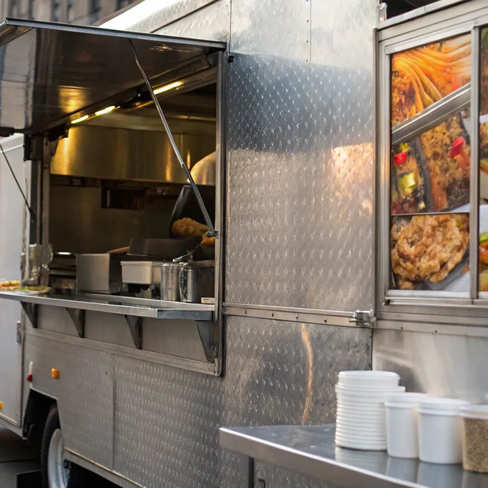 Food truck equipment for efficient service and food preparation.