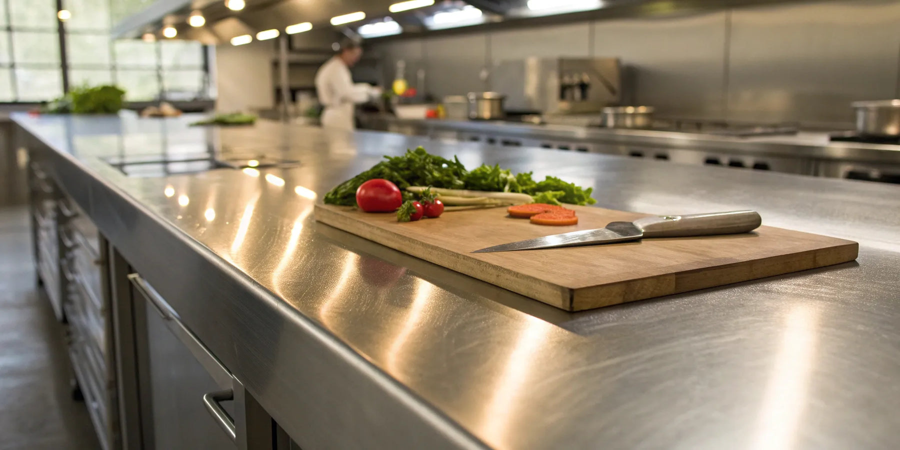 Stainless steel cooking prep table with cutting board and knife.