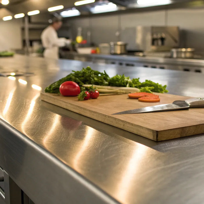 Stainless steel cooking prep table with cutting board and knife.