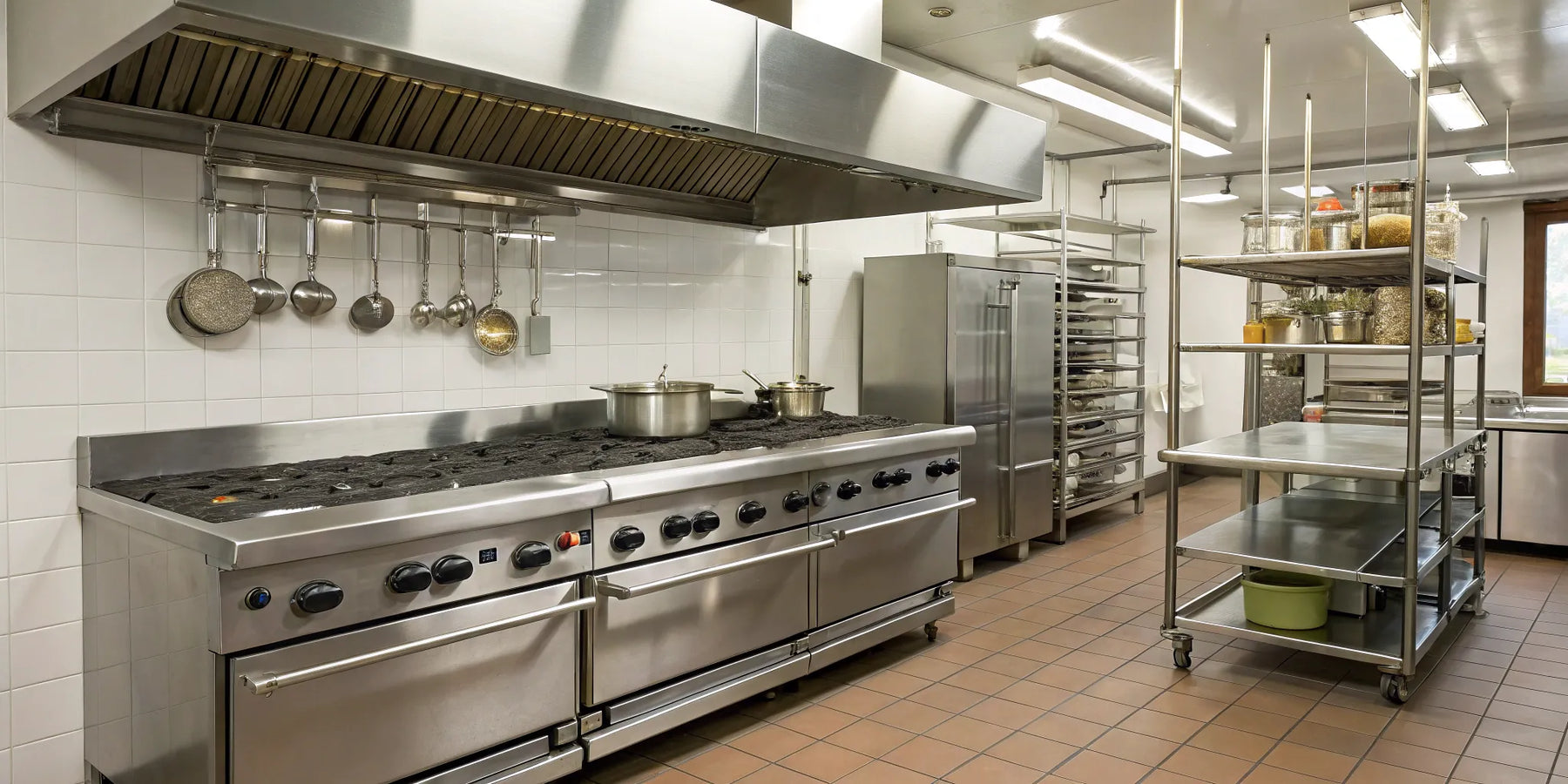 Industrial kitchen equipment: stove, storage, and prep areas.
