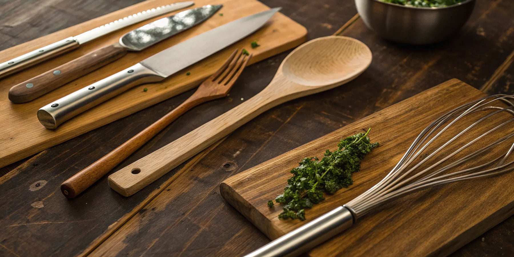 Essential kitchen utensils in a home kitchen.