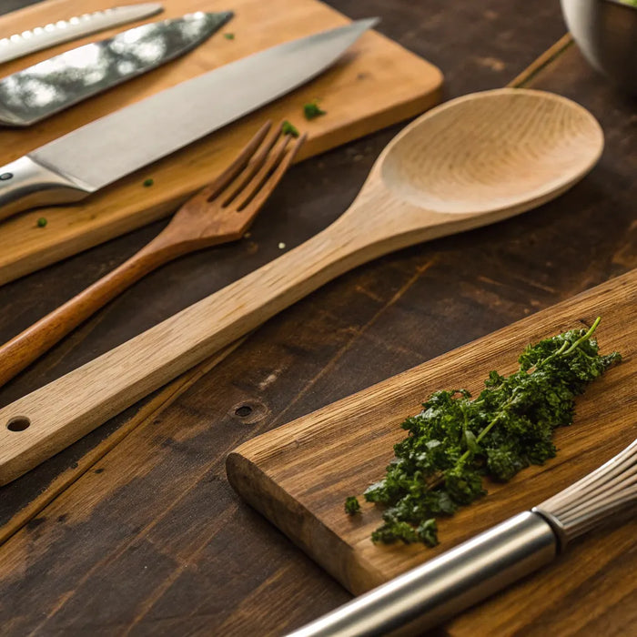 Essential kitchen utensils in a home kitchen.