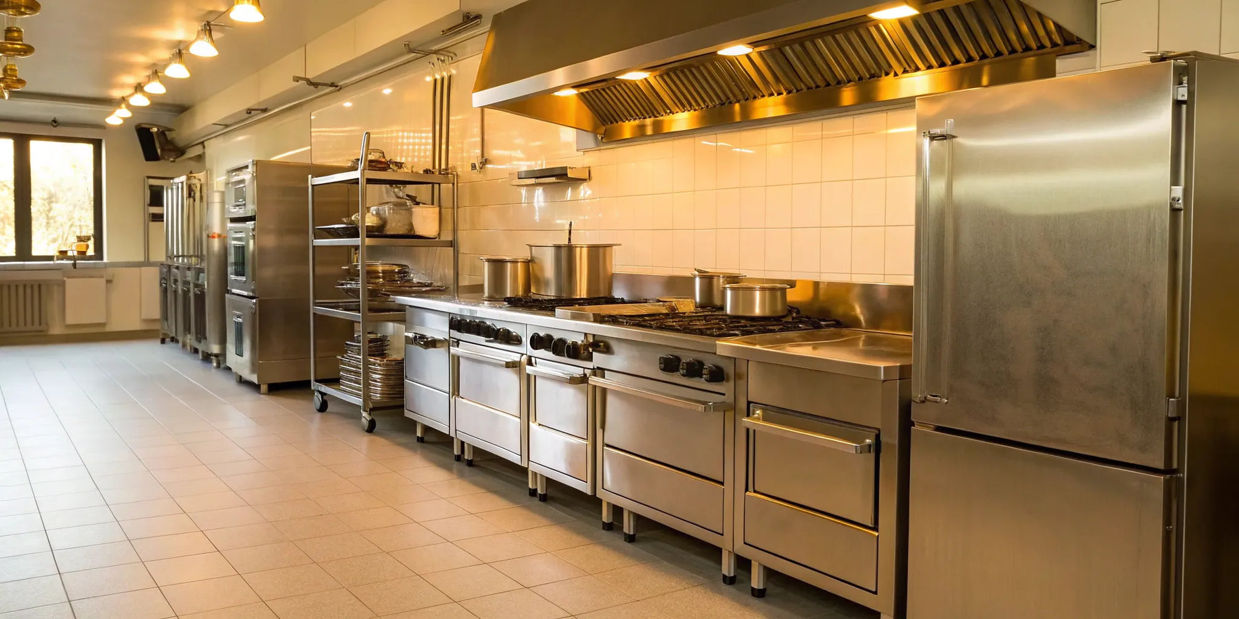 Essential restaurant equipment: ovens, stoves, and refrigeration.