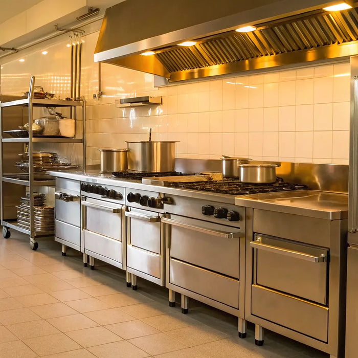 Essential restaurant equipment: ovens, stoves, and refrigeration.
