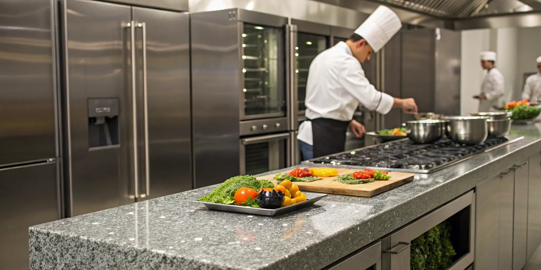 Chef uses essential restaurant equipment to prepare trendy LA dishes.