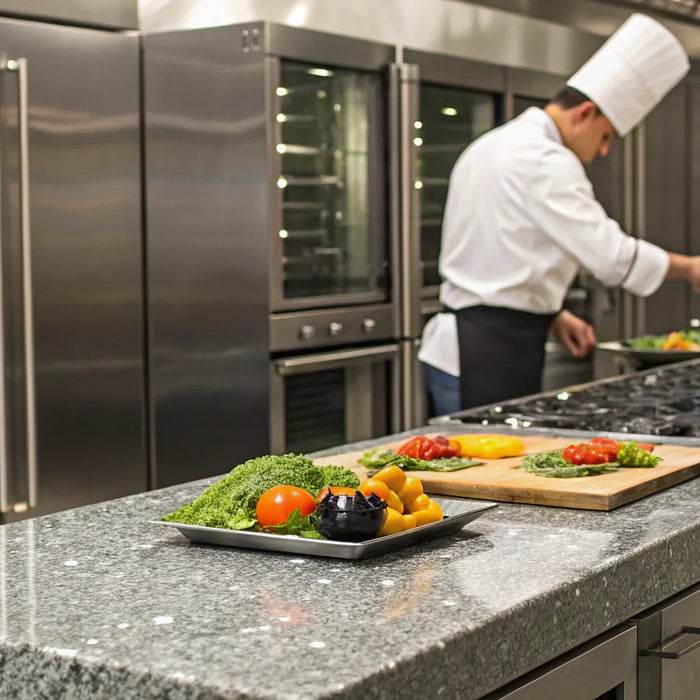 Chef uses essential restaurant equipment to prepare trendy LA dishes.