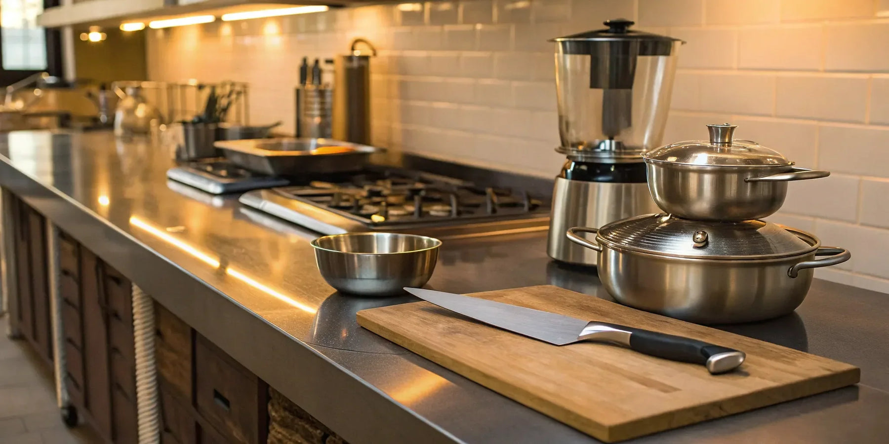 Essential restaurant startup equipment: blender, knife, cutting board, and stainless steel pots.