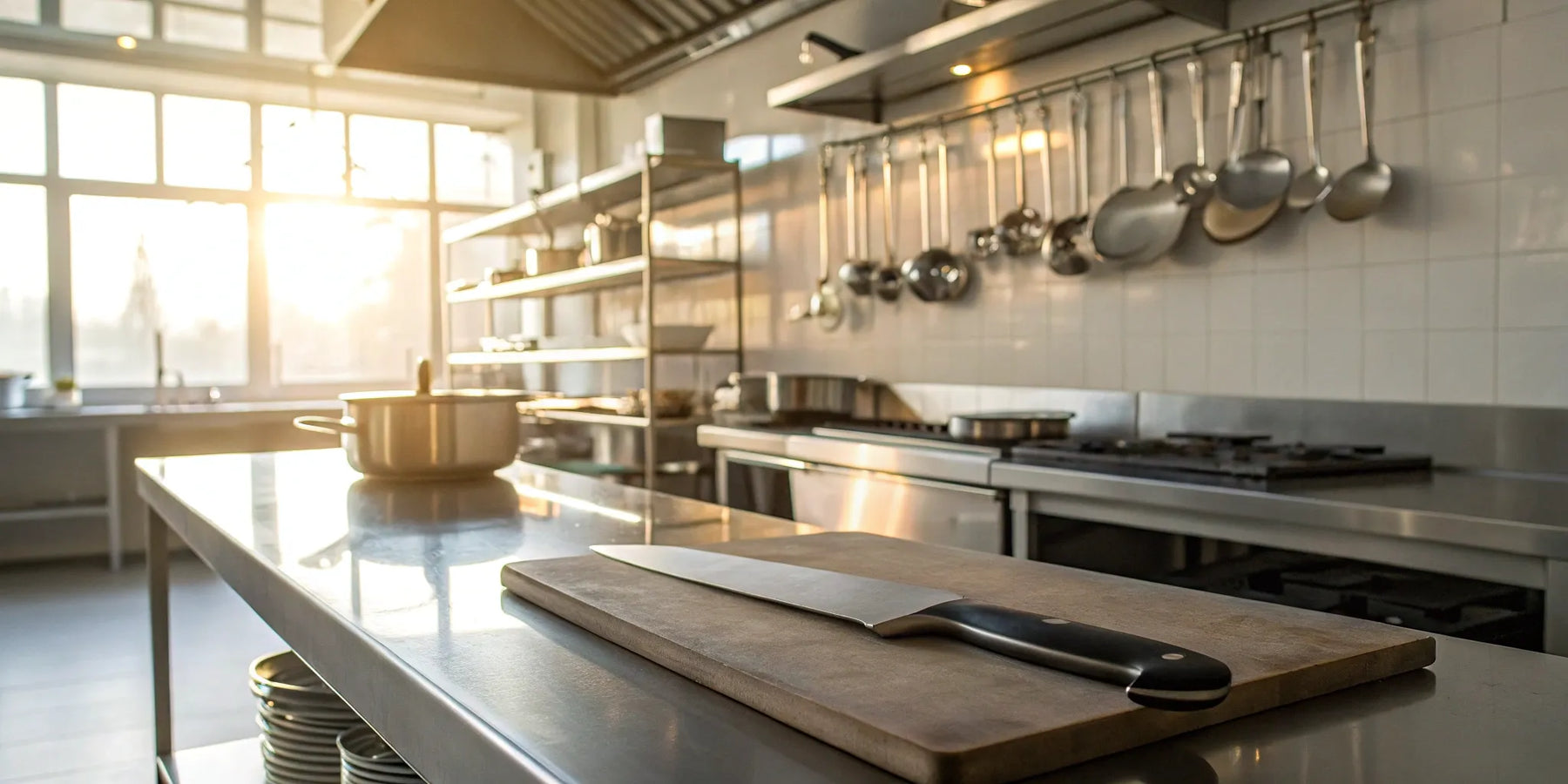 Essential restaurant equipment in a commercial kitchen.