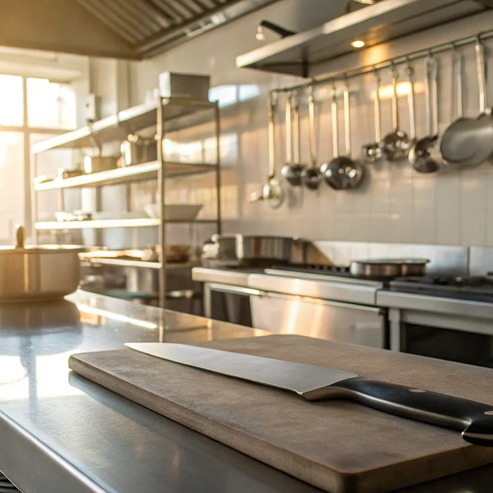 Essential restaurant equipment in a commercial kitchen.