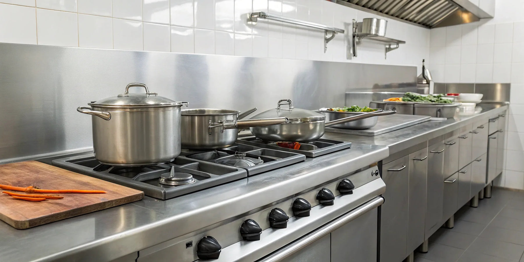 Essential restaurant equipment in a commercial kitchen.