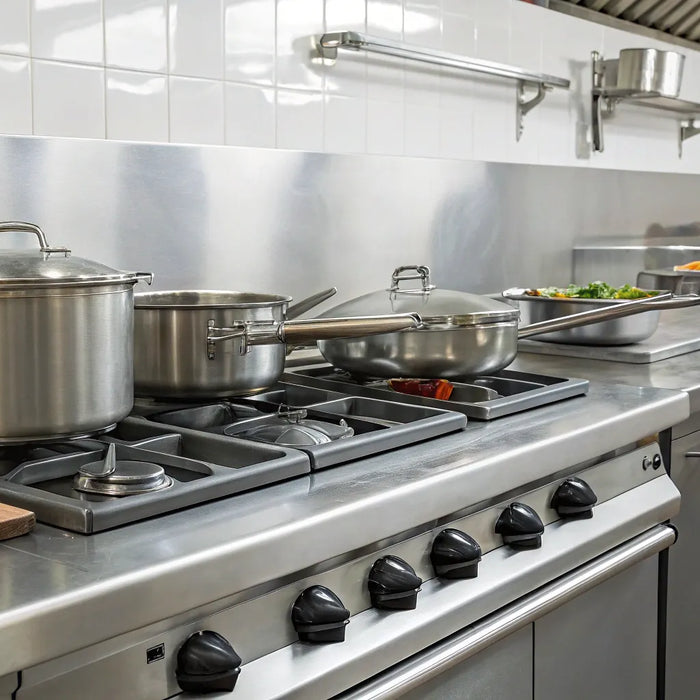 Essential restaurant equipment in a commercial kitchen.