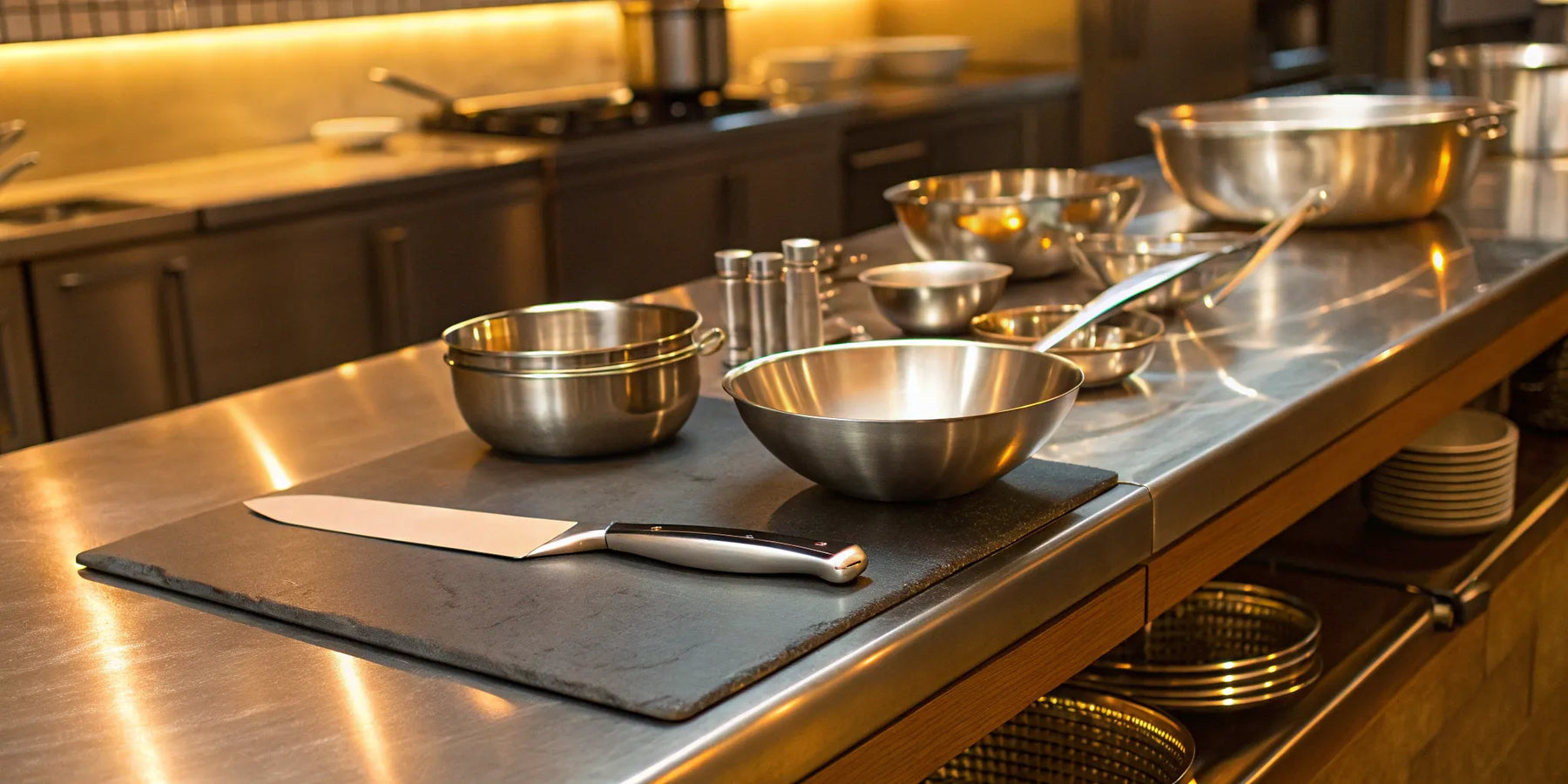 Restaurant kitchen knife and mixing bowls.