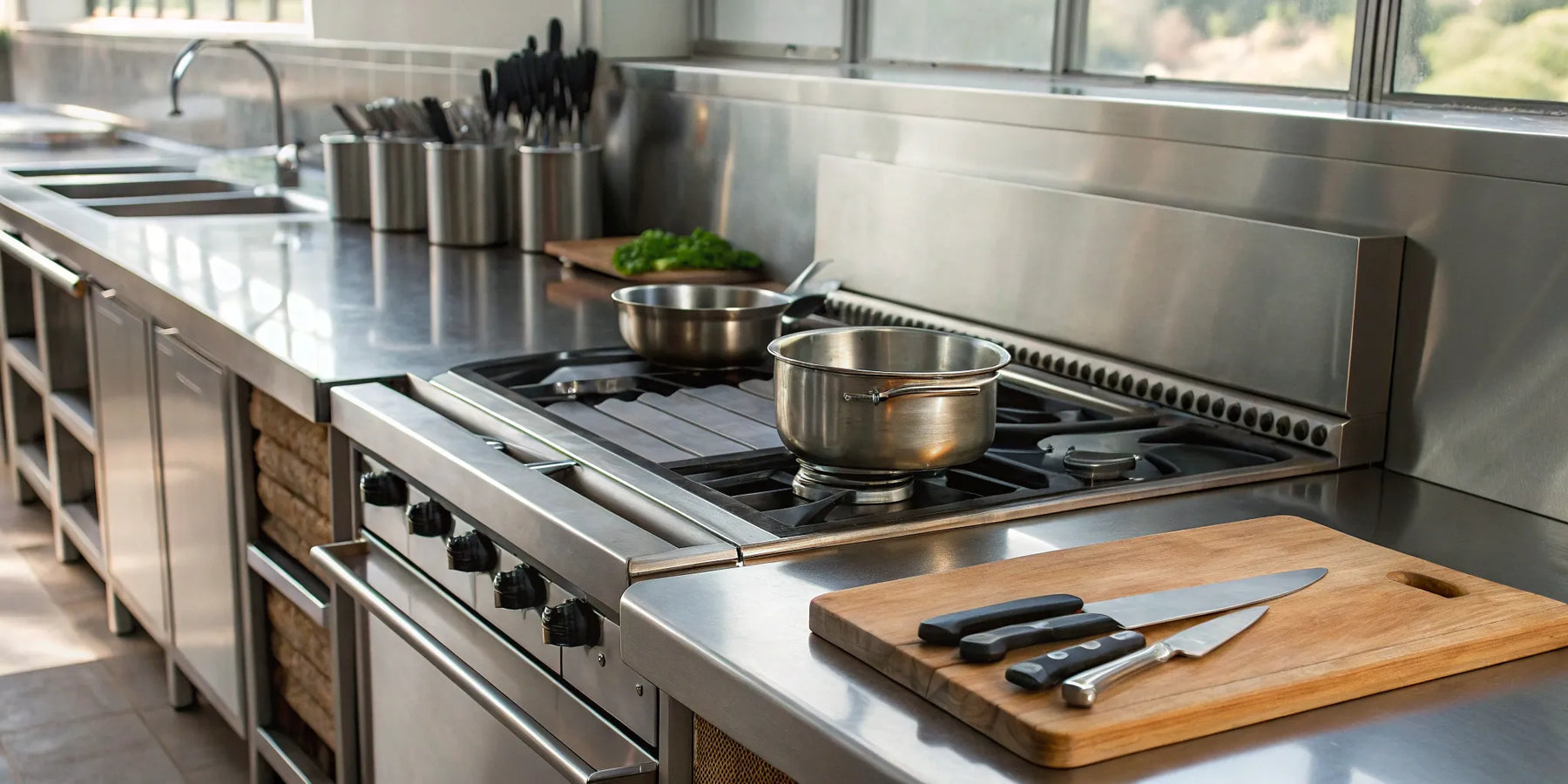 Essential restaurant kitchen supplies: Stainless steel appliances, pots, and knives.