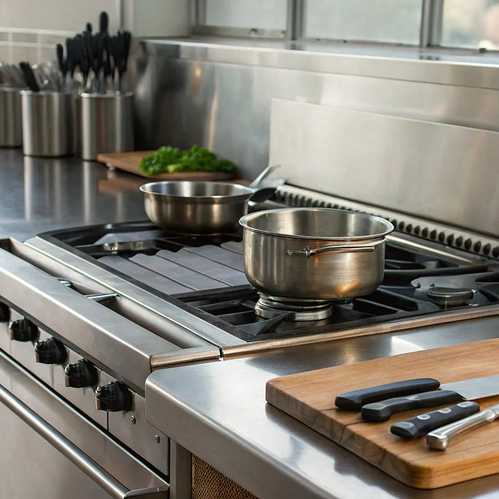 Essential restaurant kitchen supplies: Stainless steel appliances, pots, and knives.