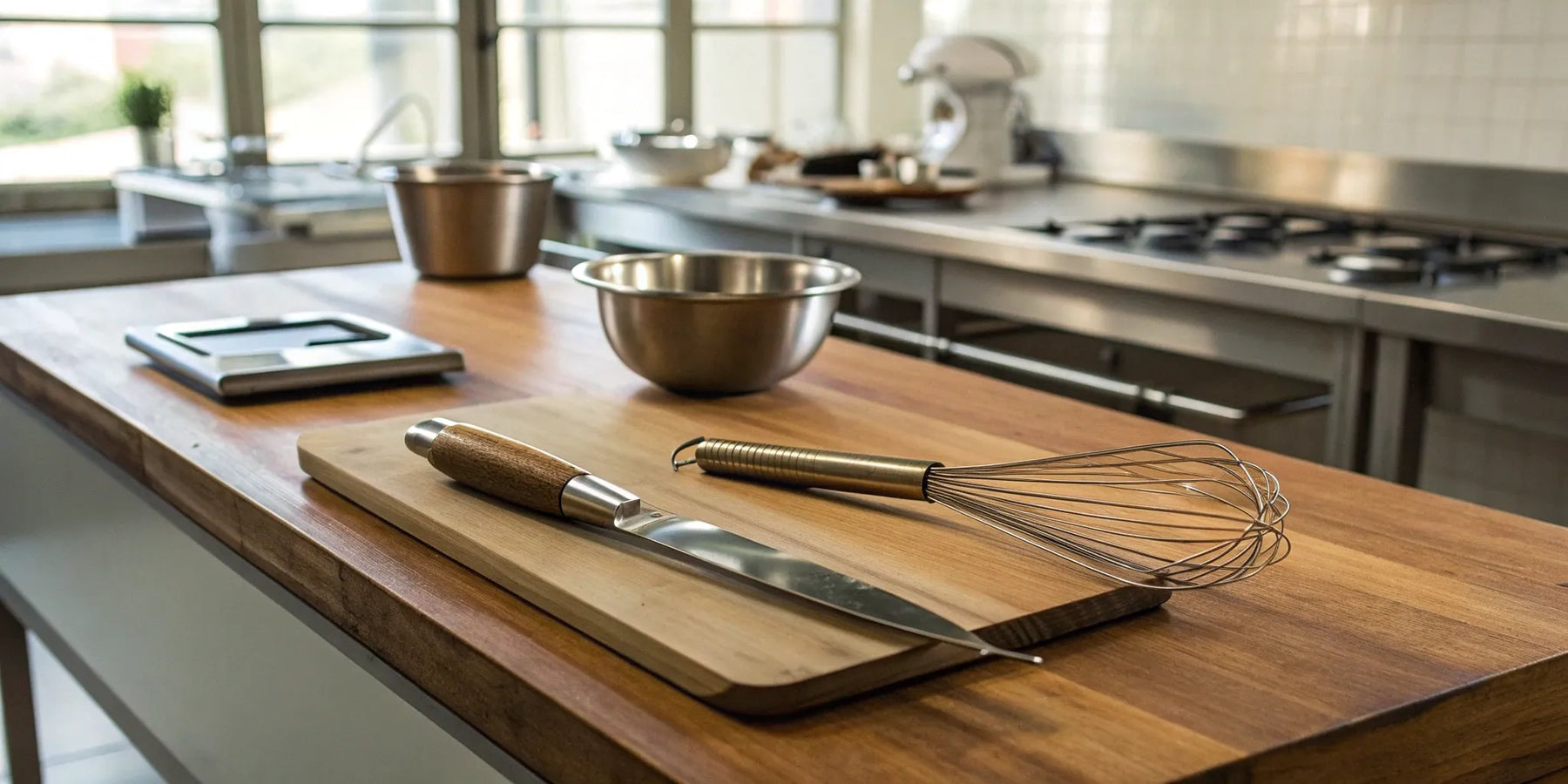 Essential restaurant kitchen tools like a chef knife, whisk, and mixing bowls.