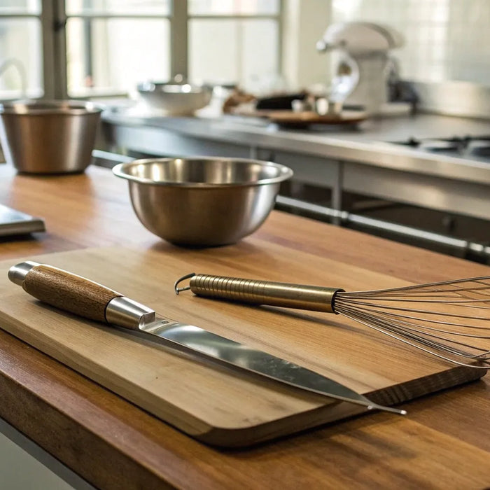 Essential restaurant kitchen tools like a chef knife, whisk, and mixing bowls.