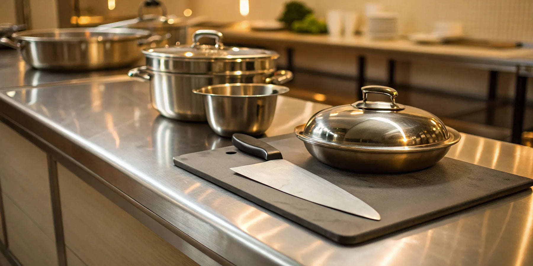 Essential restaurant utensils: Stainless steel pot and knife.