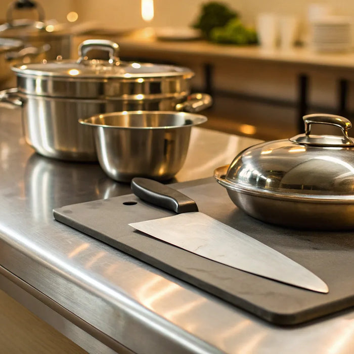 Essential restaurant utensils: Stainless steel pot and knife.