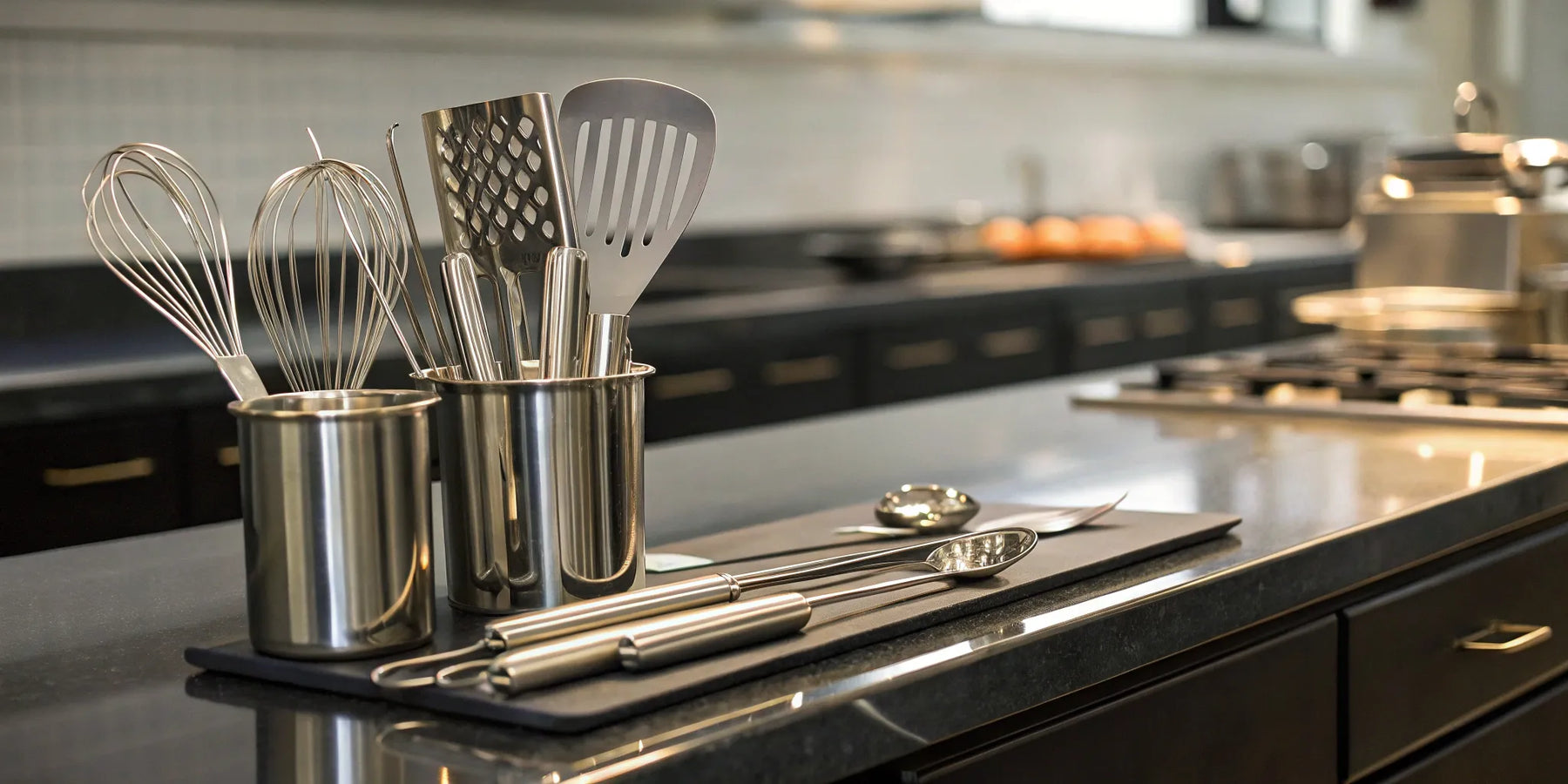 Essential restaurant utensils for cooking and baking.