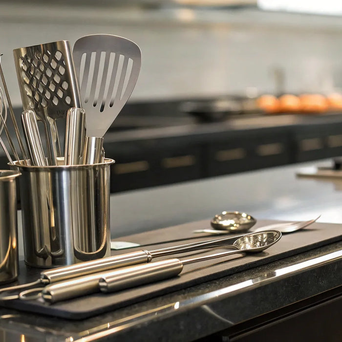 Essential restaurant utensils for cooking and baking.