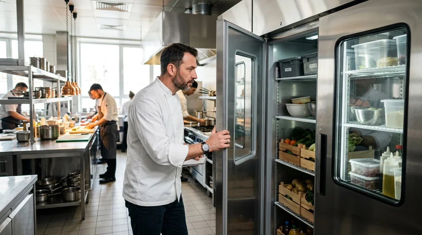 Chef inspecting a commercial refrigerator gasket in a modern kitchen
