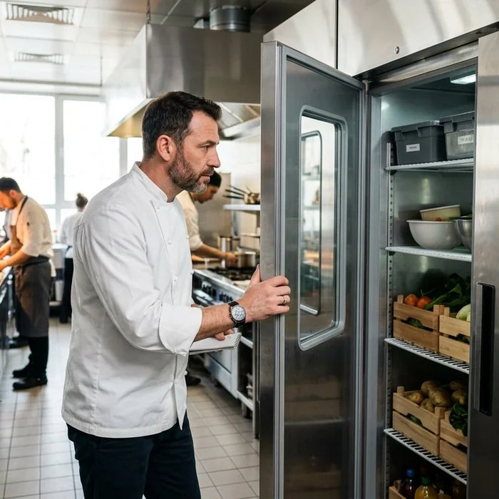 Chef inspecting a commercial refrigerator gasket in a modern kitchen