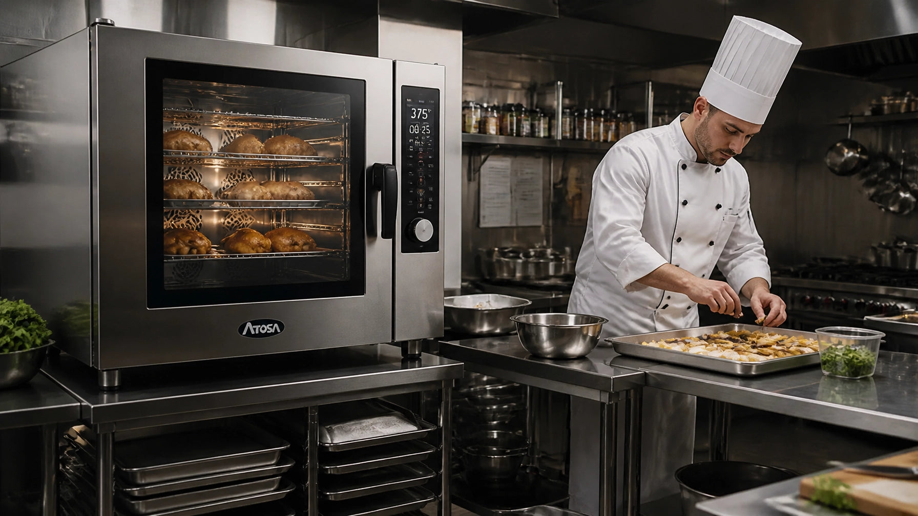 Commercial restaurant cookline with stacked convection ovens and a range-mounted oven under a Type 1 grease hood