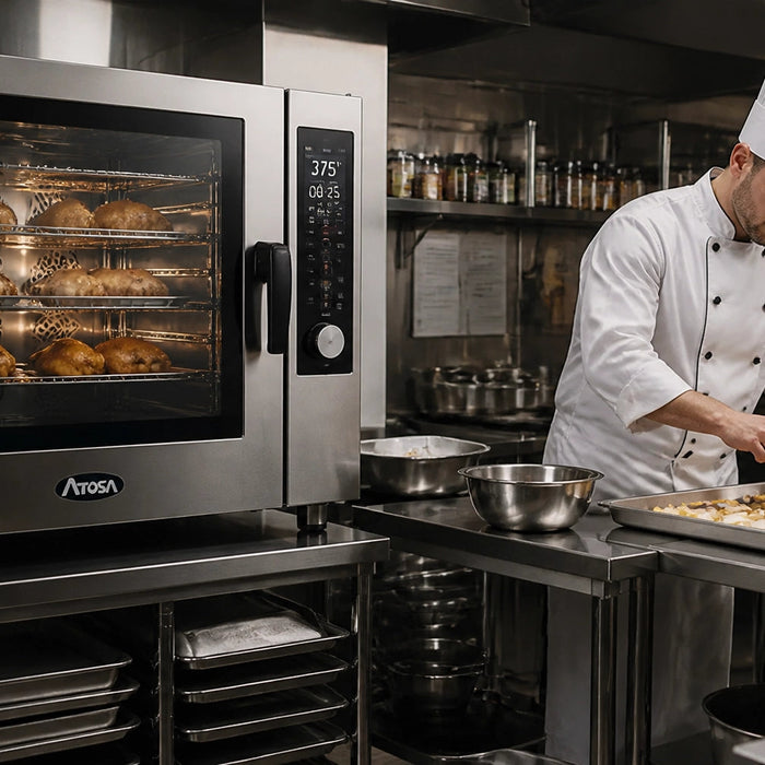 Commercial restaurant cookline with stacked convection ovens and a range-mounted oven under a Type 1 grease hood