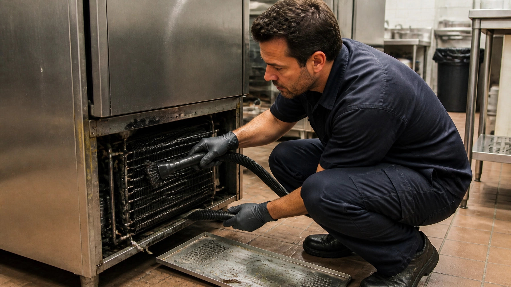 Technician cleaning the condenser coil on a stainless steel commercial refrigerator with a brush and vacuum