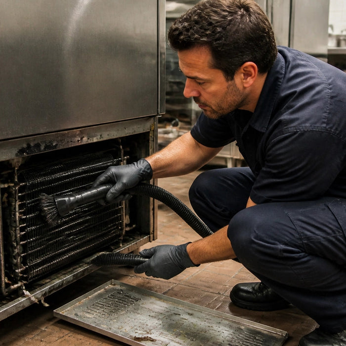 Technician cleaning the condenser coil on a stainless steel commercial refrigerator with a brush and vacuum