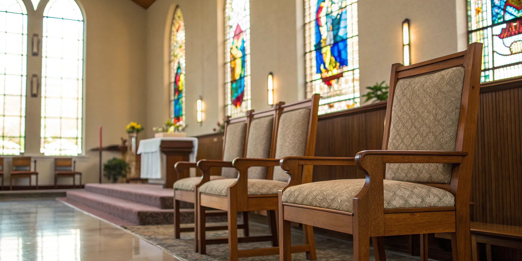 Padded wooden chairs for church with armrests on sale.
