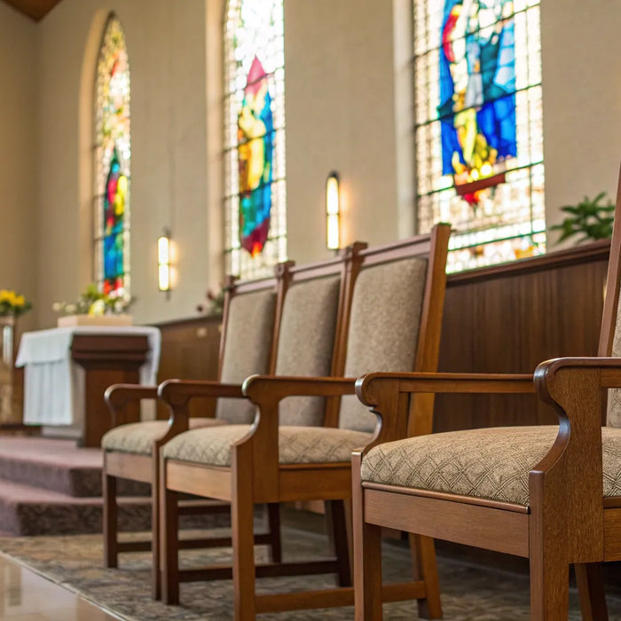 Padded wooden chairs for church with armrests on sale.