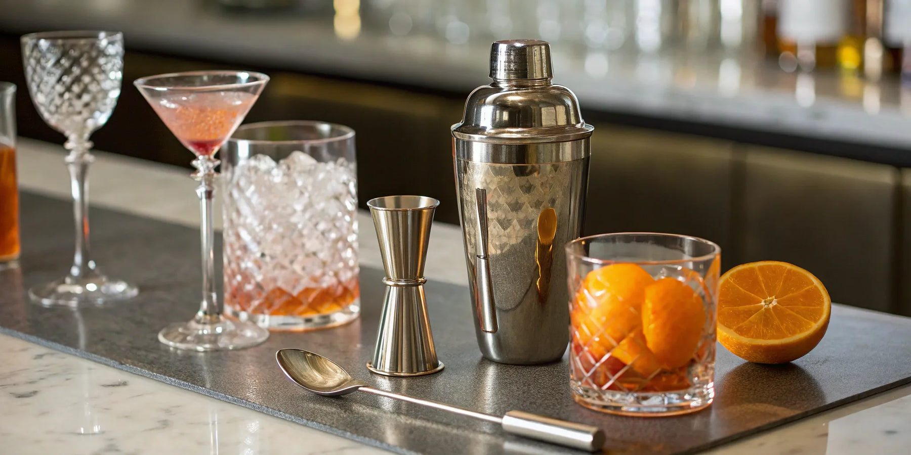Bartender supply store counter with a cocktail shaker, jigger, bar spoon, and glassware.
