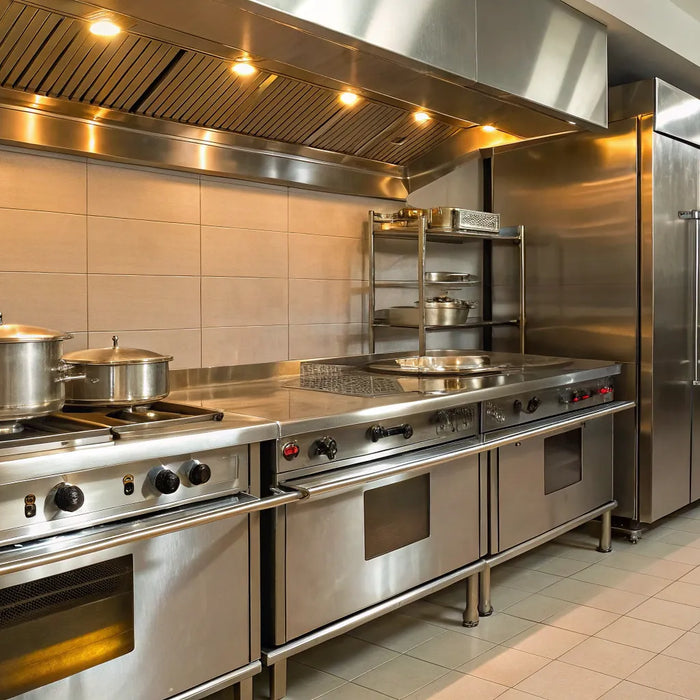 A professional commercial kitchen outfitted with top-rated stainless steel appliances.