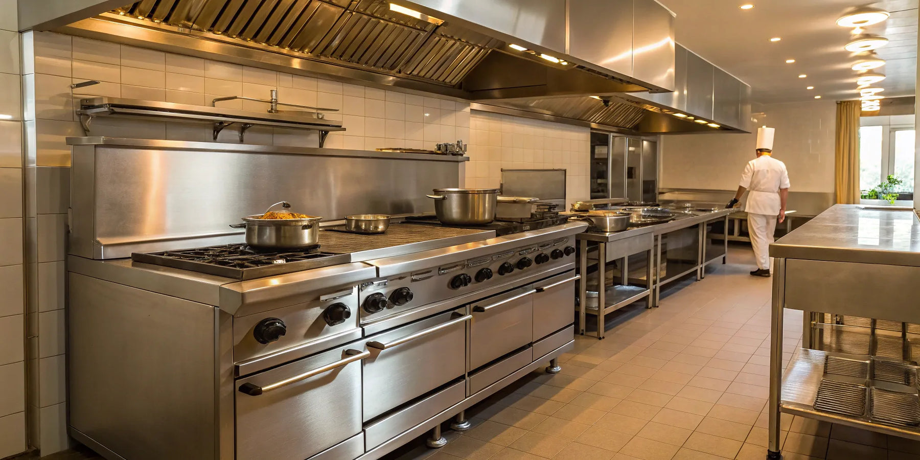 Restaurant kitchen with chef and stainless steel appliances.
