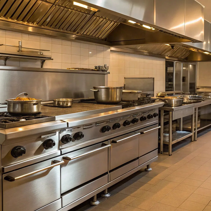 Restaurant kitchen with chef and stainless steel appliances.