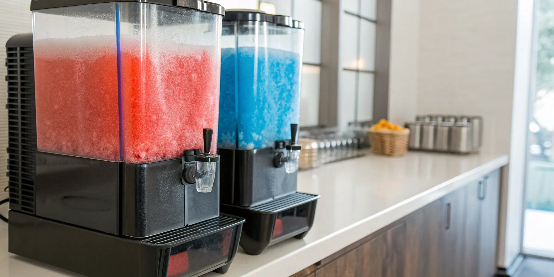 Red and blue slushies in commercial ice machine.