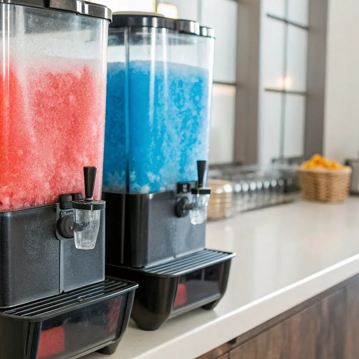 Red and blue slushies in commercial ice machine.