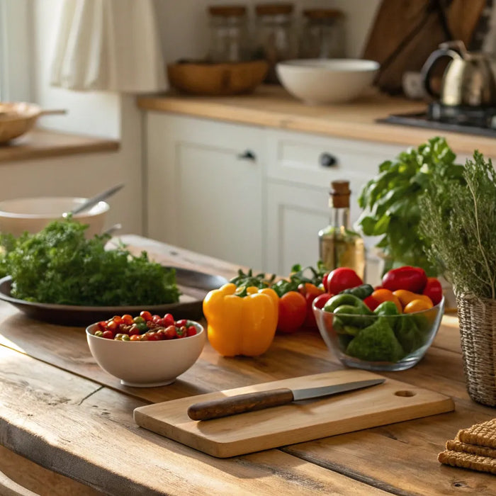 Wooden cooking table with fresh ingredients.