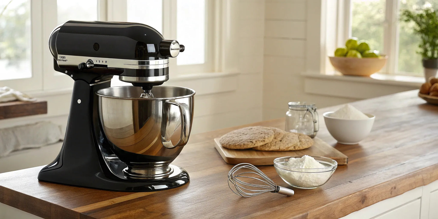 Sleek black KitchenAid mixer with stainless steel bowl and whisk.