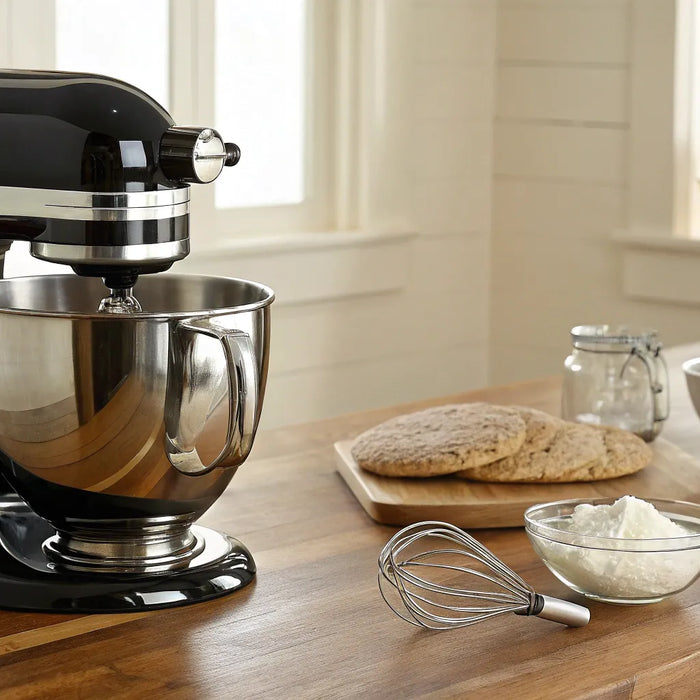 Sleek black KitchenAid mixer with stainless steel bowl and whisk.