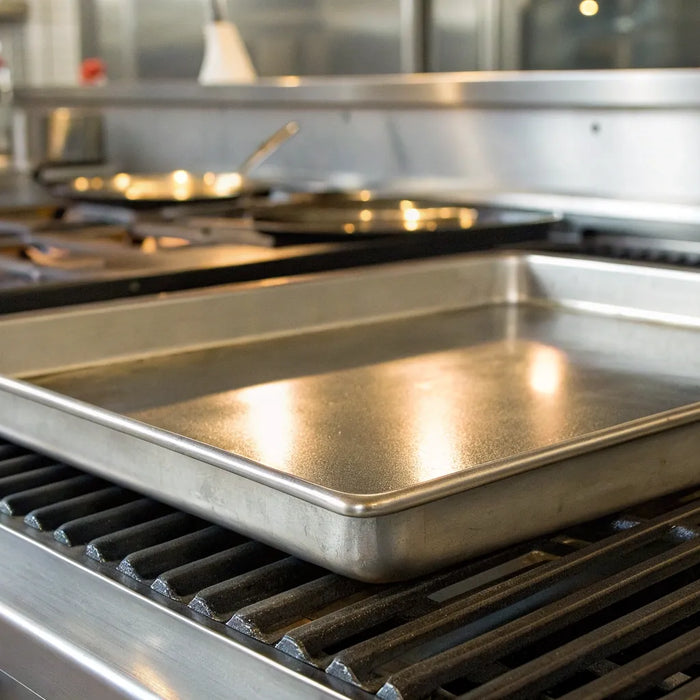 A commercial-grade flat griddle accessory for converting a gas grill.