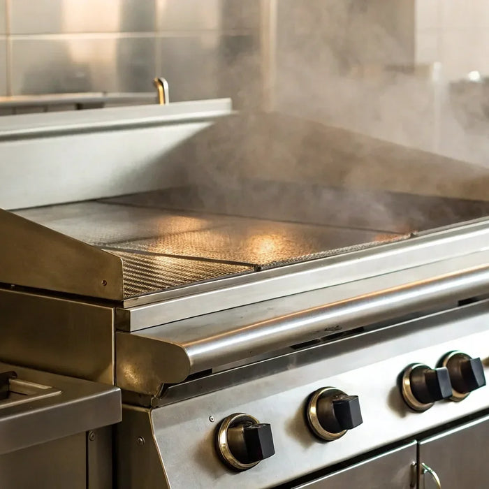 A commercial natural gas flat top grill operating in a professional kitchen.